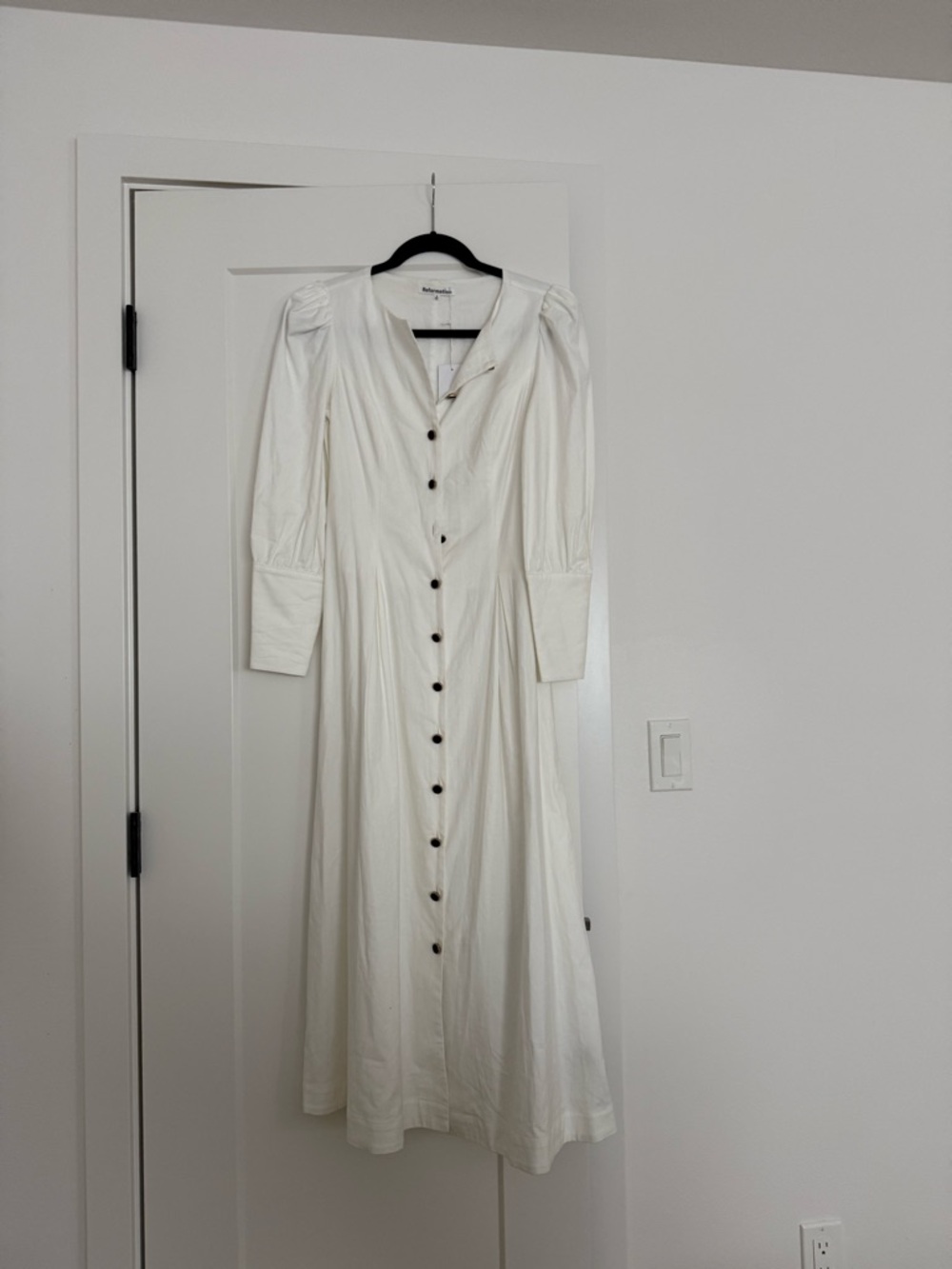 Reformation Halia white Button-Front Puff Sleeve Midi Dress